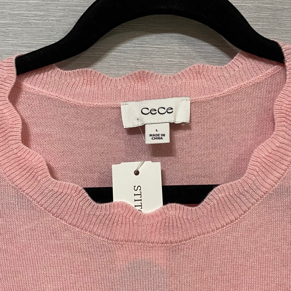 Cece Womens Scallop Trim Short Sleeve Knit Sweater Top Pink Almond Blossom L - Picture 4 of 7